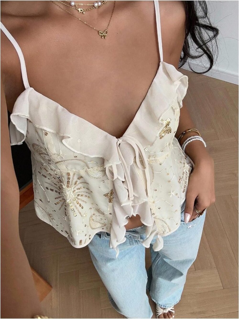 Women's Y2k Sparkly Sequin Tops Going Out Tie Front Ruffle Tops Cute Summer Cami - Picture 3 of 5